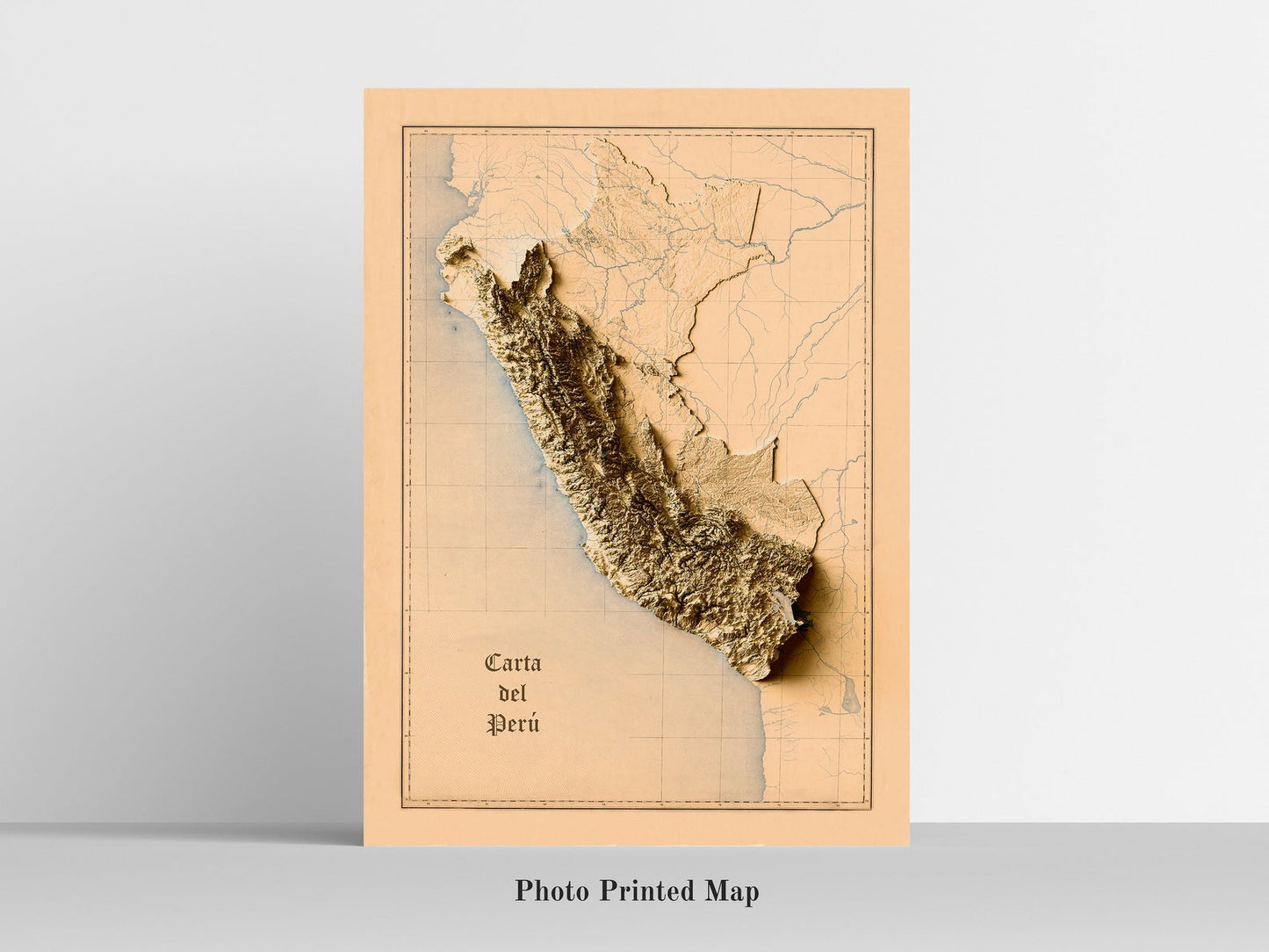 Peru Shaded relief map print, highlighting topography. Ideal for home decor and geography lovers