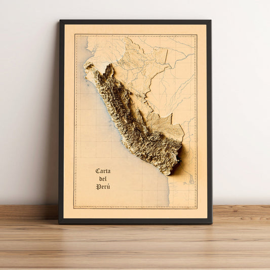 Peru vintage framed shaded relief map in black frame. Artistic print highlighting mountains with a realistic terrain effect