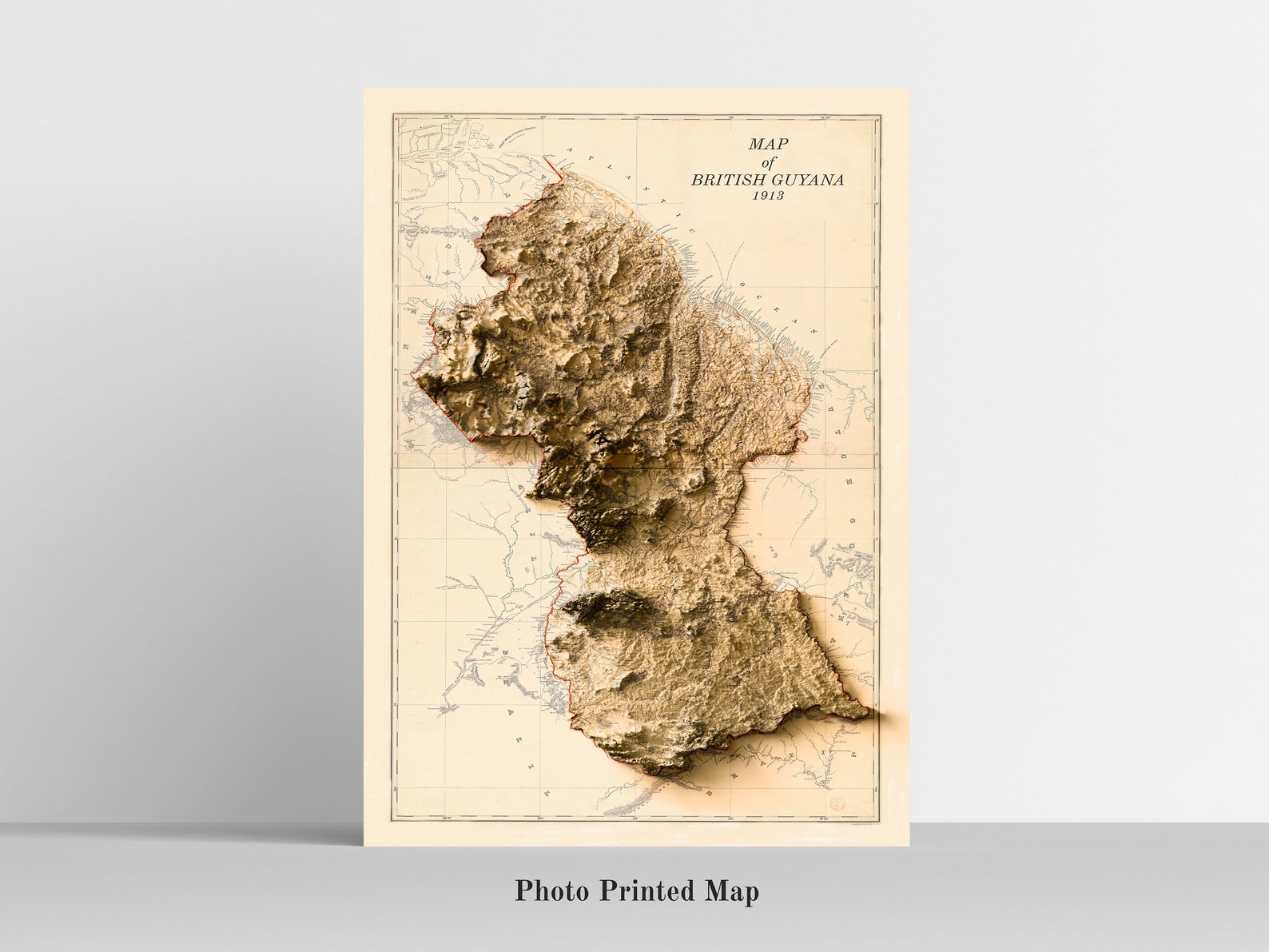 Guyana Shaded relief map print, highlighting topography. Ideal for home decor and geography lovers