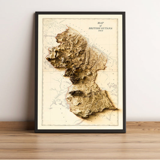 Guyana vintage framed shaded relief map in black frame. Artistic print highlighting mountains with a realistic terrain effect