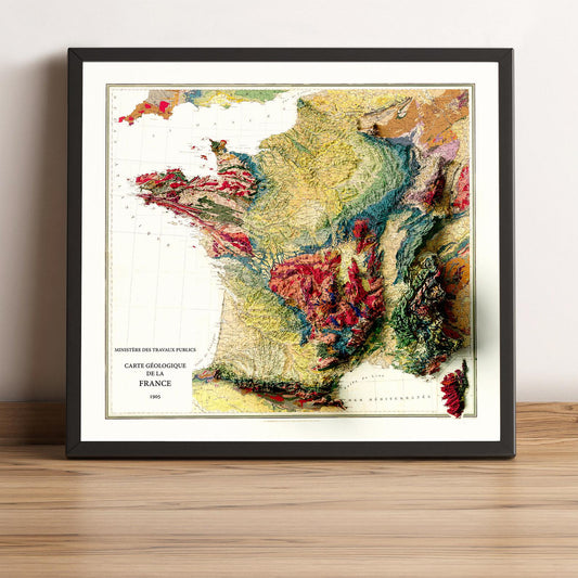 France vintage framed shaded relief map in black frame. Artistic print highlighting mountains with a realistic terrain effect
