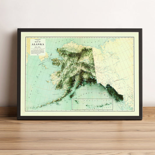 Alaska (USA) vintage framed shaded relief map in black frame. Artistic print highlighting mountains with a realistic terrain effect