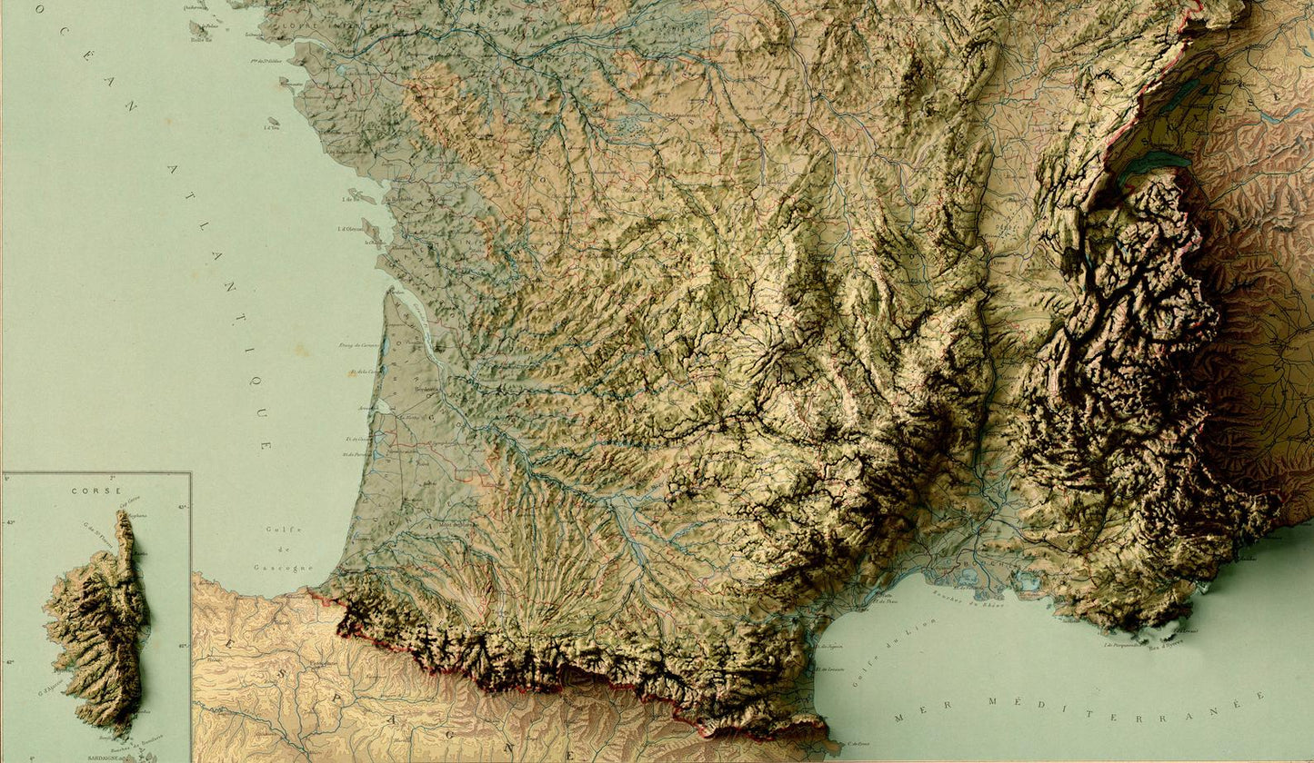 Detailed close-up of a vintage France relief map, showcasing textured topography and geographic contours