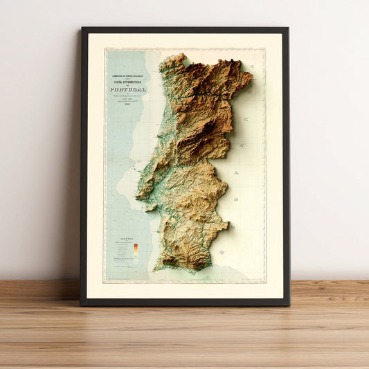 Portugal vintage framed shaded relief map in black frame. Artistic print highlighting mountains with a realistic terrain effect