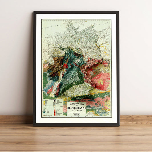 Germany vintage framed shaded relief map in black frame. Artistic print highlighting mountains with a realistic terrain effect