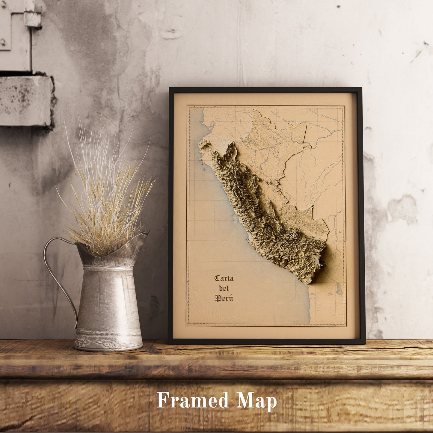 Vintage Peru shaded relief map in black frame. Realistic terrain art print for home decor, displayed on rustic wooden table