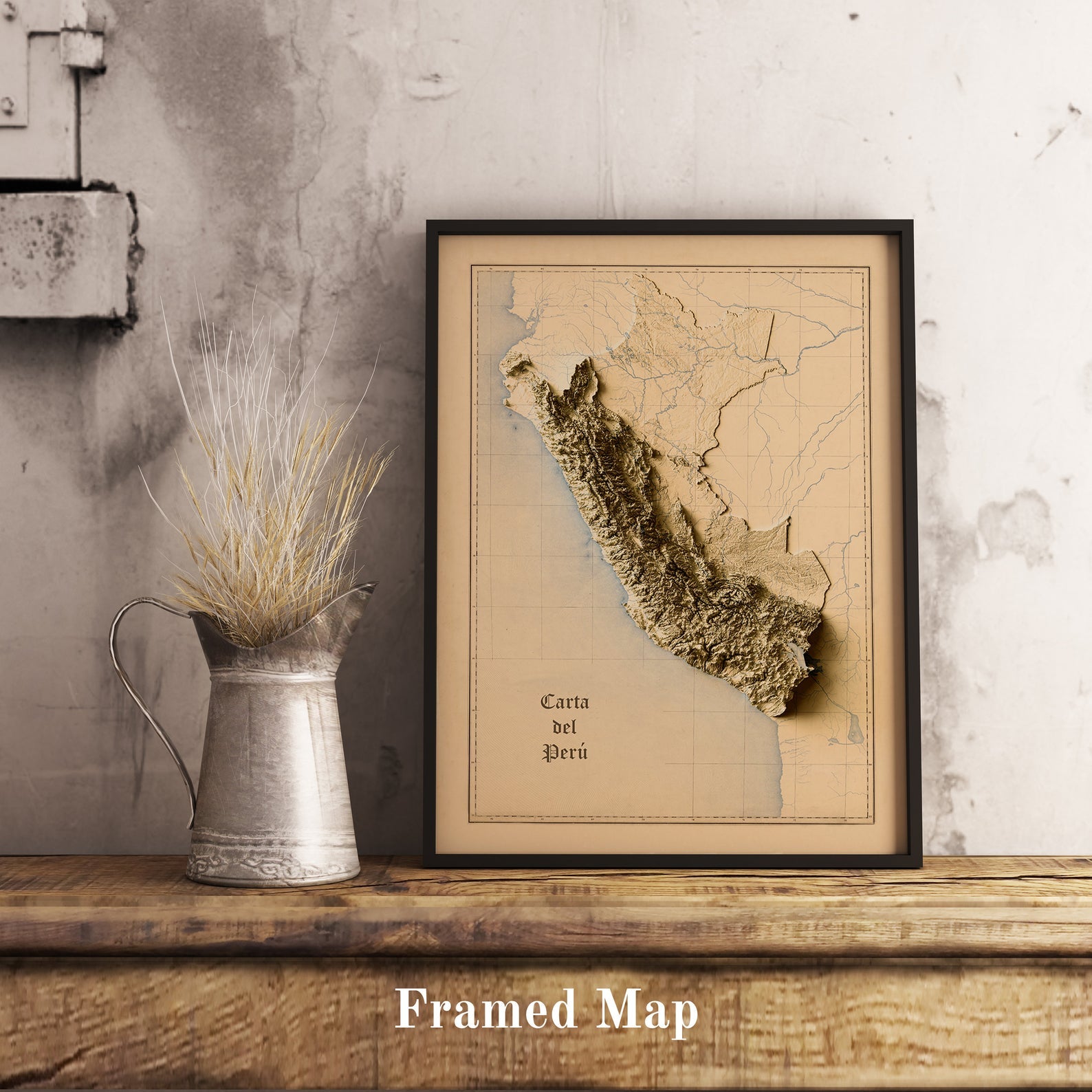 Vintage Peru shaded relief map in black frame. Realistic terrain art print for home decor, displayed on rustic wooden table