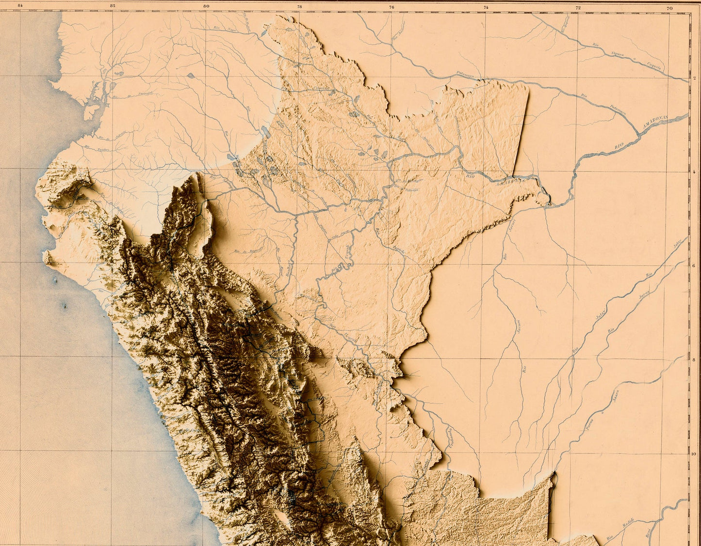 Detailed close-up of a vintage Peru relief map, showcasing textured topography and geographic contours