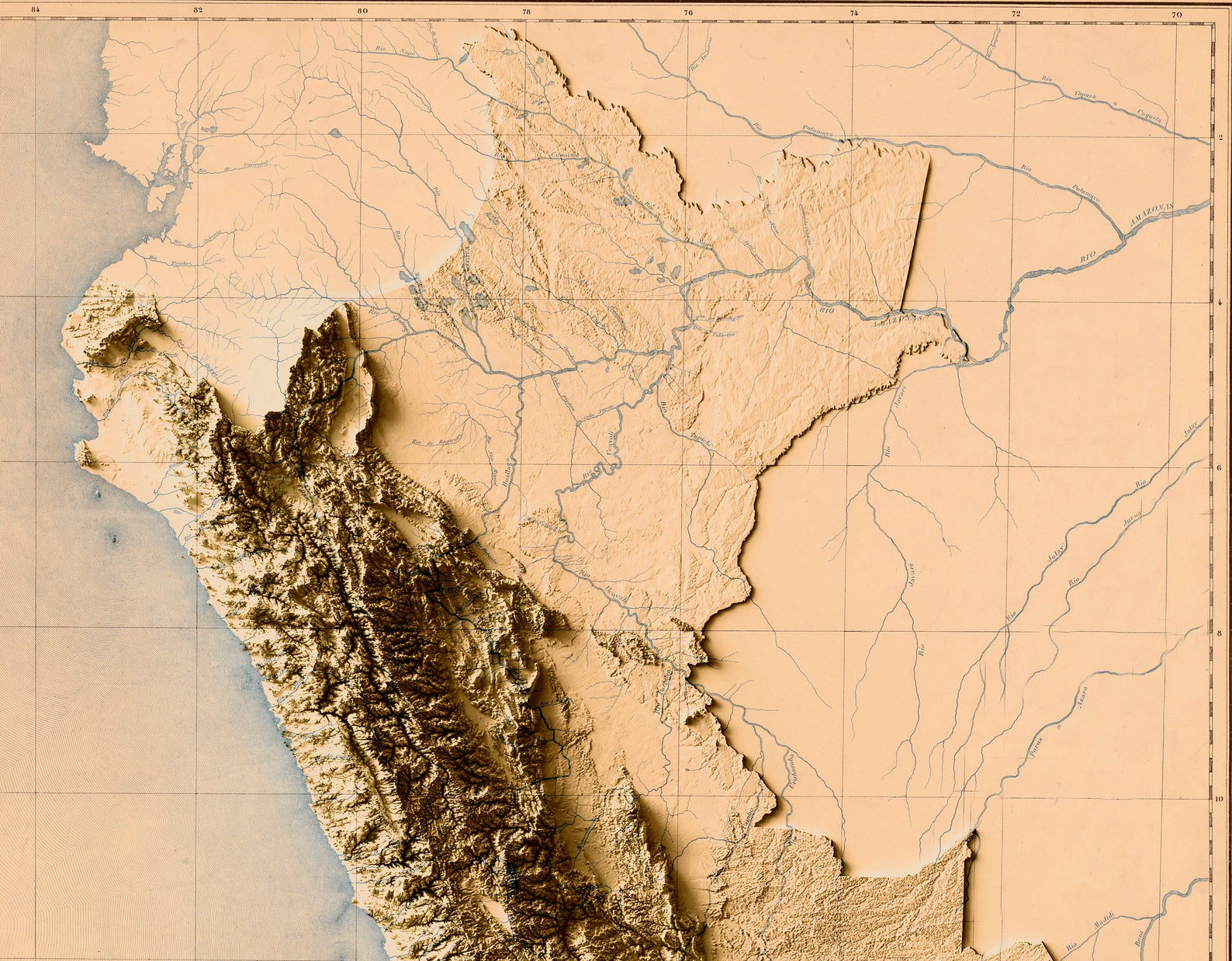 Detailed close-up of a vintage Peru relief map, showcasing textured topography and geographic contours