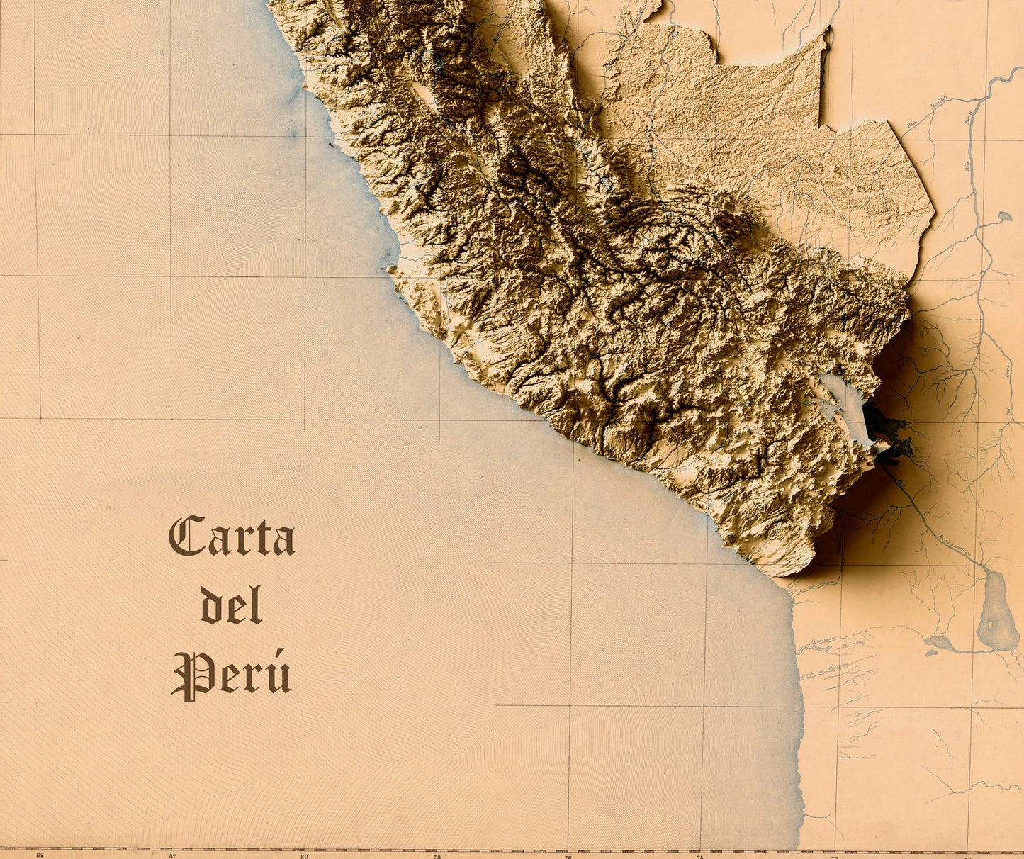 Detailed close-up of a vintage Peru relief map, showcasing textured topography and geographic contours