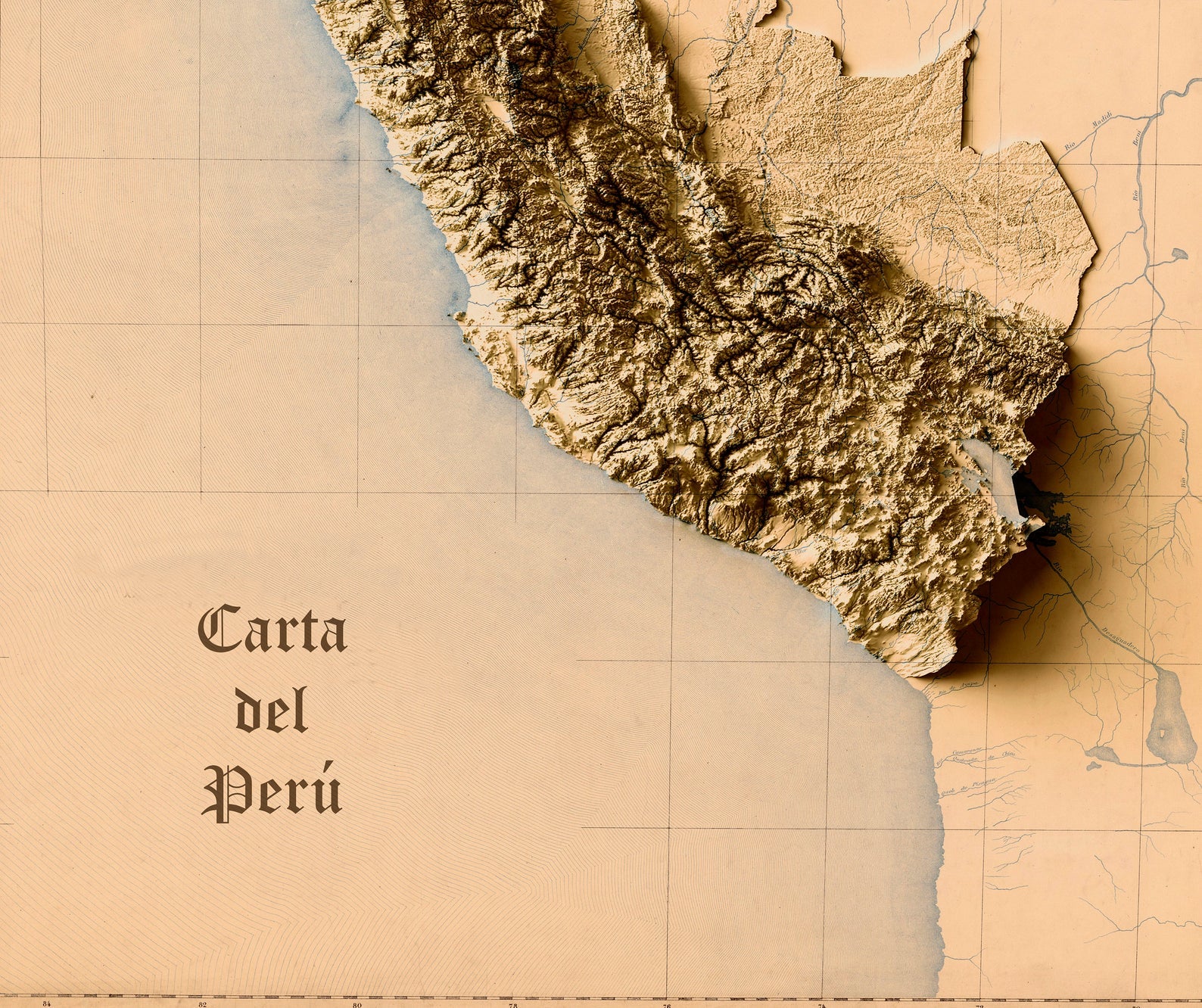 Detailed close-up of a vintage Peru relief map, showcasing textured topography and geographic contours