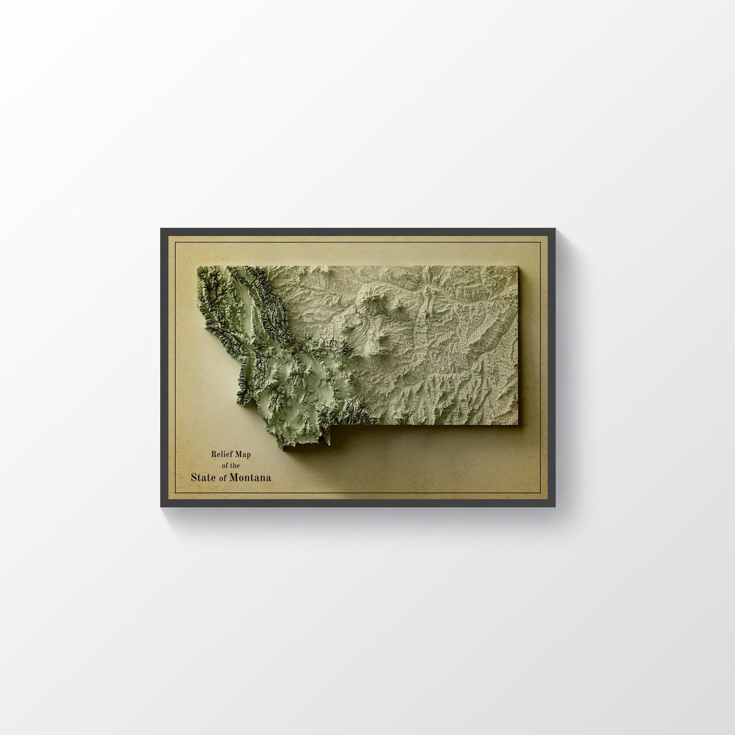 Montana (USA) vintage framed shaded relief map in black frame. Artistic print highlighting mountains with a realistic terrain effect