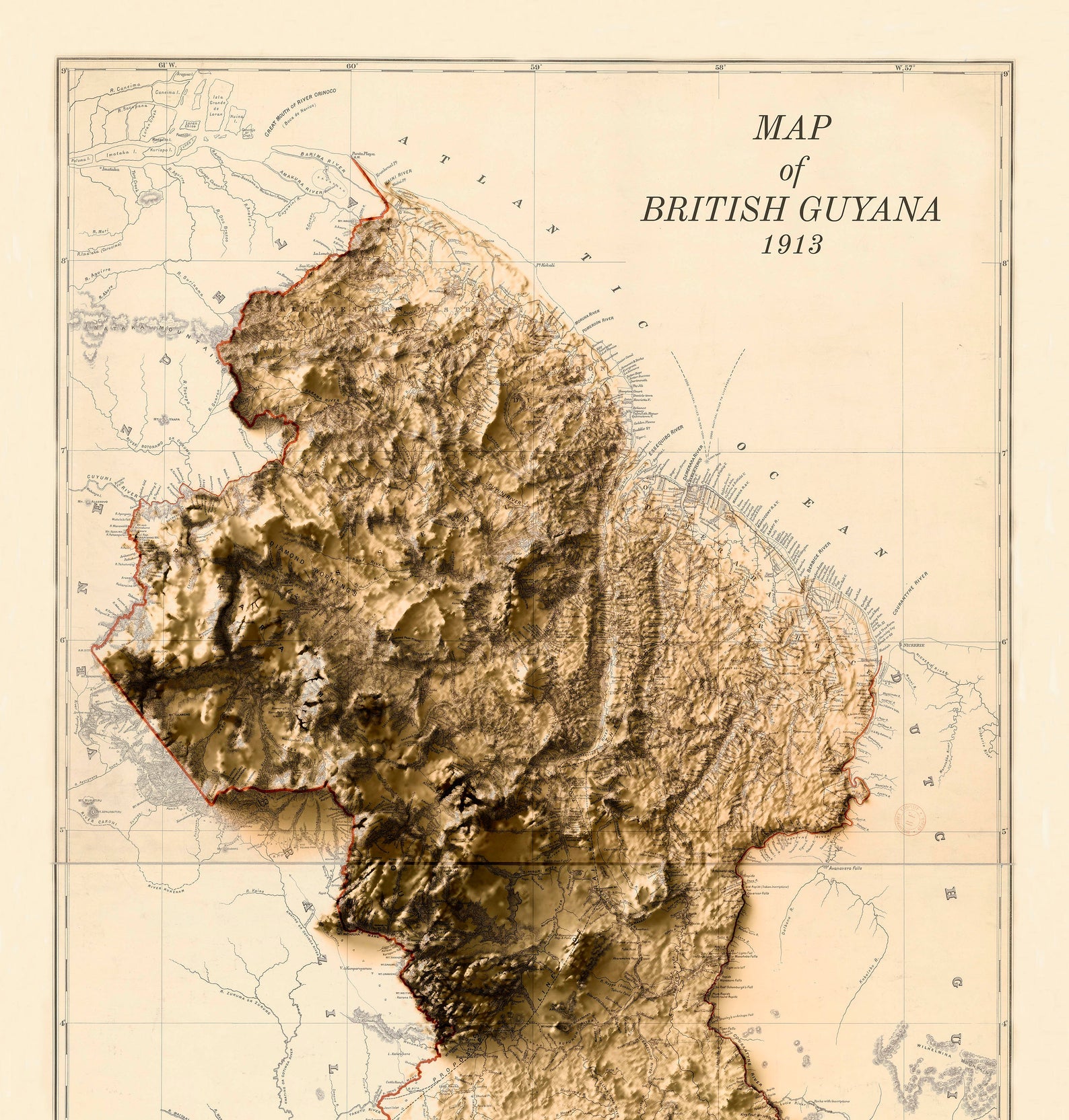 Detailed close-up of a vintage Guyana relief map, showcasing textured topography and geographic contours