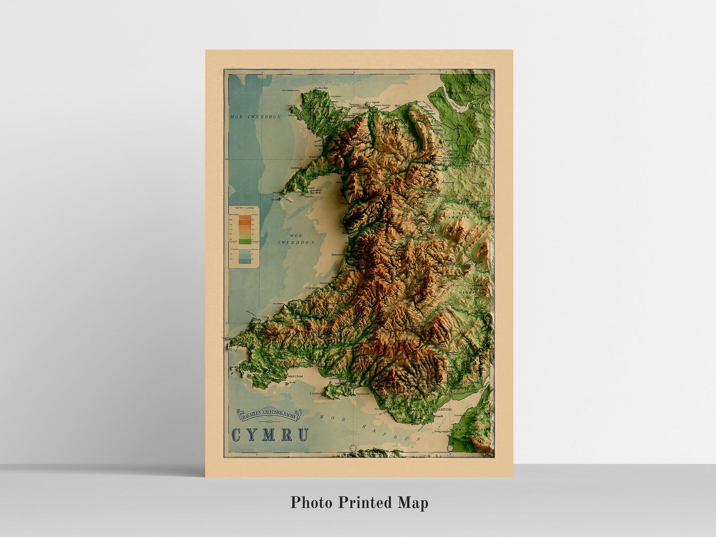 Wales Shaded relief map print, highlighting topography. Ideal for home decor and geography lovers