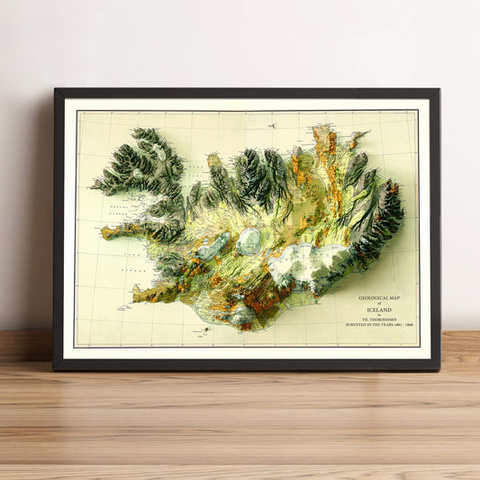 Iceland vintage framed shaded relief map in black frame. Artistic print highlighting mountains with a realistic terrain effect
