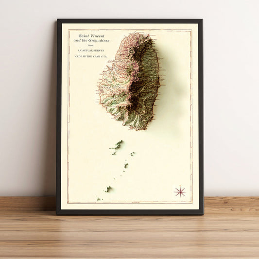 Saint Vincent & the Grenadines framed shaded relief map in black frame. Artistic print highlighting mountains with a realistic terrain effect