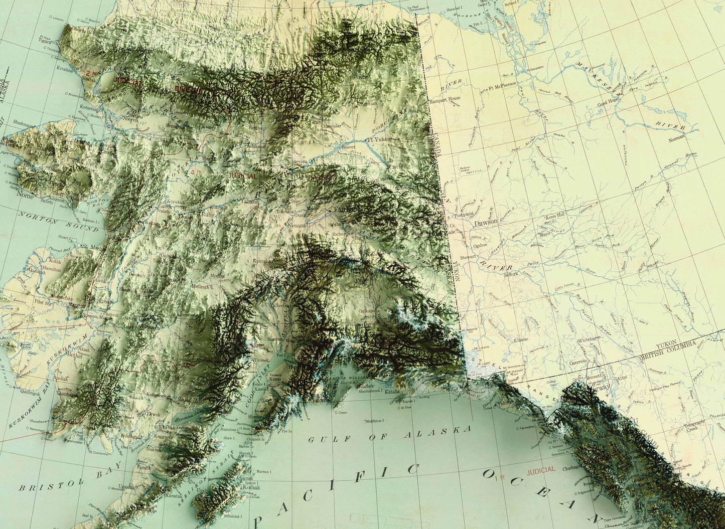 Detailed close-up of a vintage Alaska (USA) relief map, showcasing textured topography and geographic contours