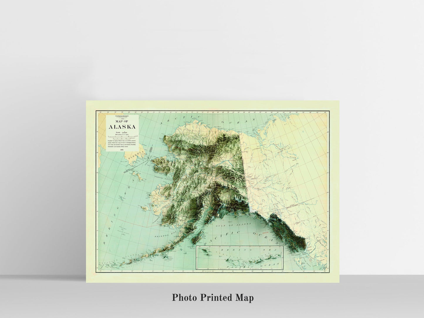 Shaded relief map of Alaska (USA) print, highlighting topography. Ideal for home decor and geography lovers