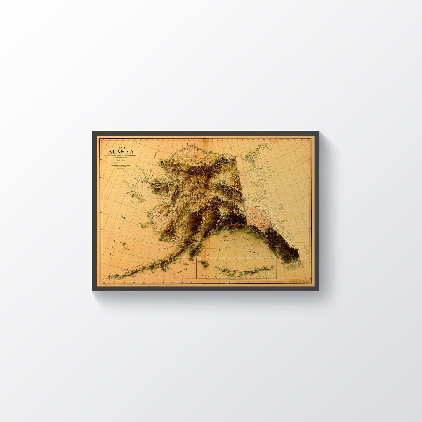 Alaska (USA) vintage framed shaded relief map in black frame. Artistic print highlighting mountains with a realistic terrain effect