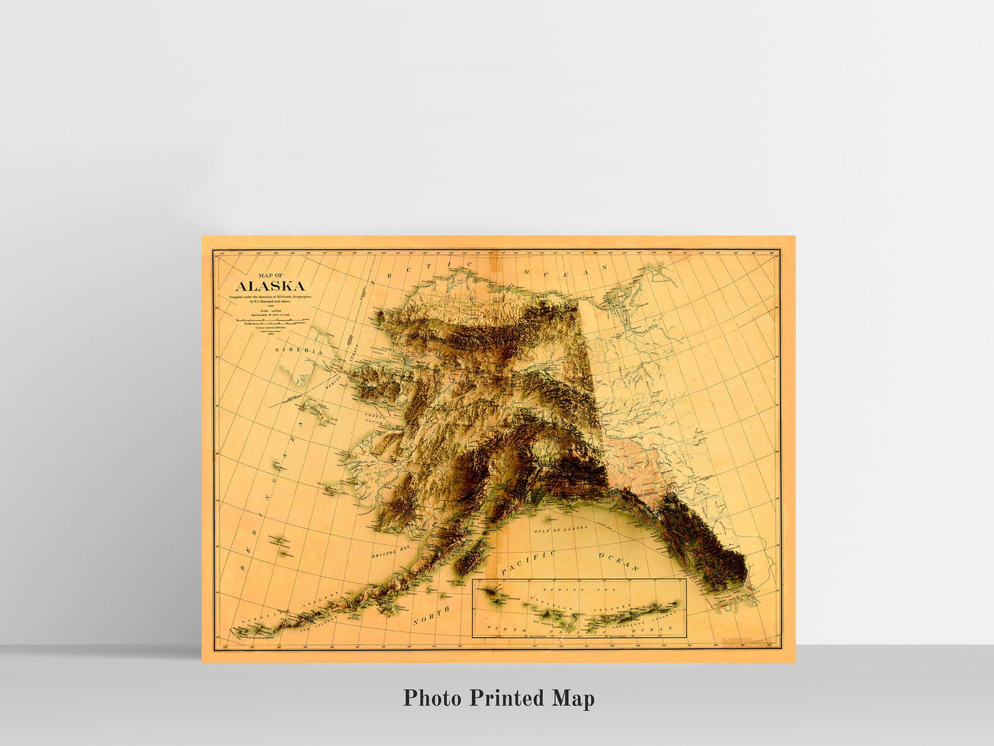 Shaded relief map of Alaska (USA) print, highlighting topography. Ideal for home decor and geography lovers