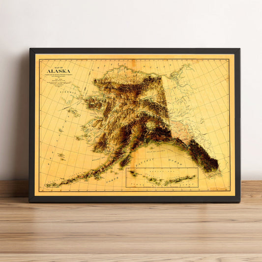 Alaska (USA) vintage framed shaded relief map in black frame. Artistic print highlighting mountains with a realistic terrain effect