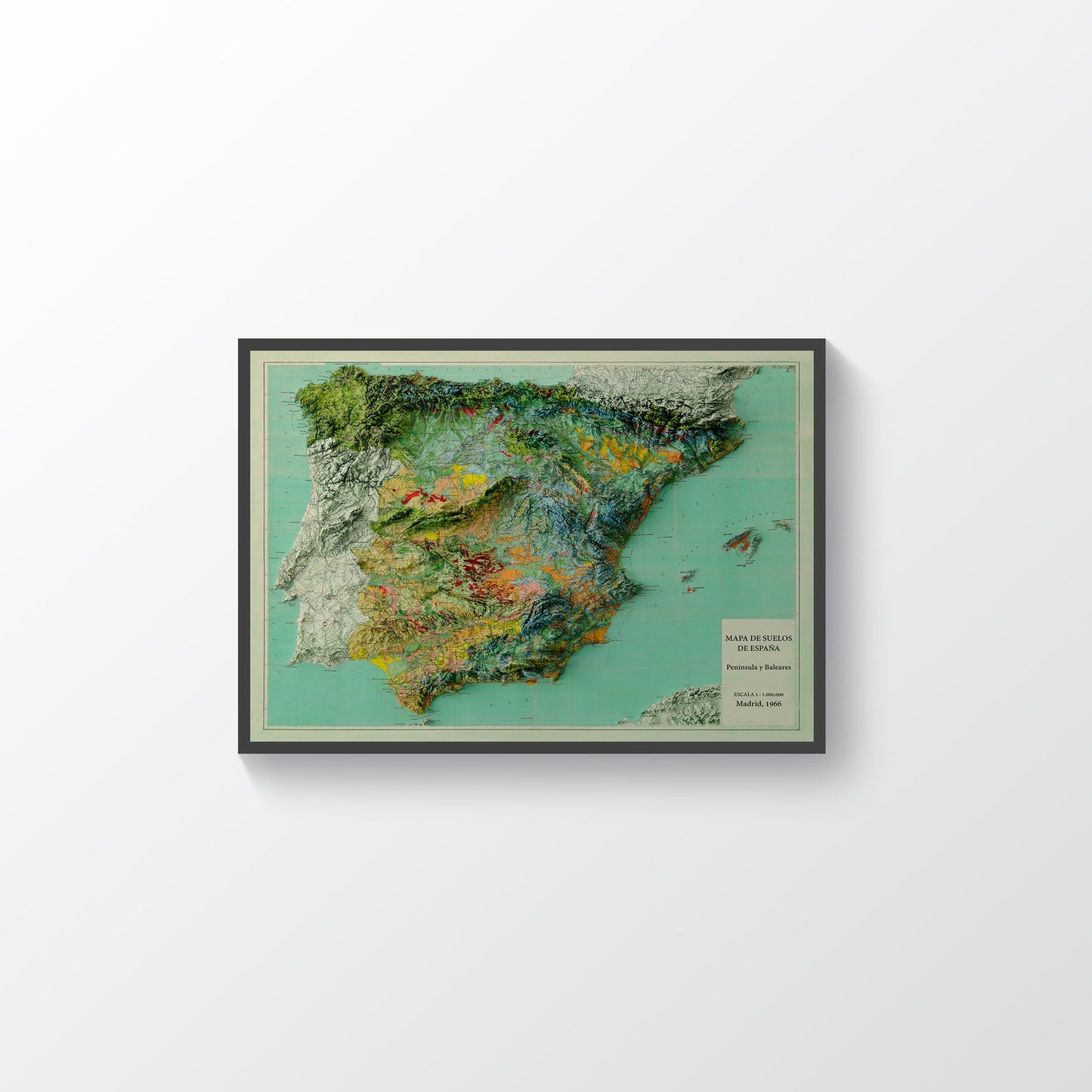 Spain vintage framed shaded relief map in black frame. Artistic print highlighting mountains with a realistic terrain effect