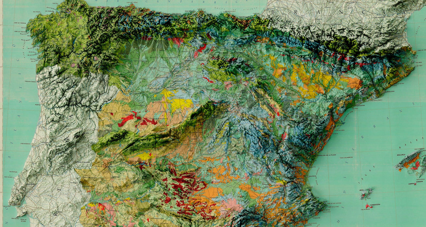 Detailed close-up of a vintage Spain relief map, showcasing textured topography and geographic contours