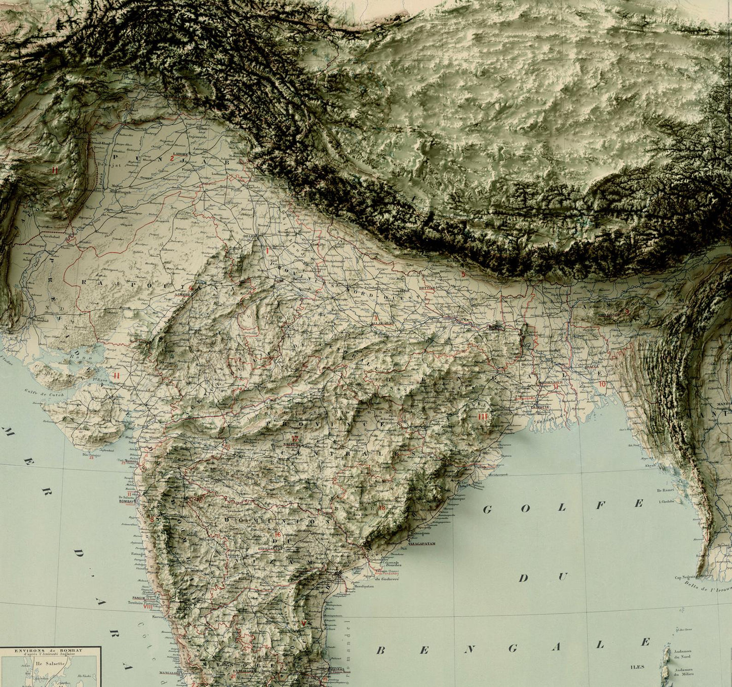 Detailed close-up of a vintage India relief map, showcasing textured topography and geographic contours