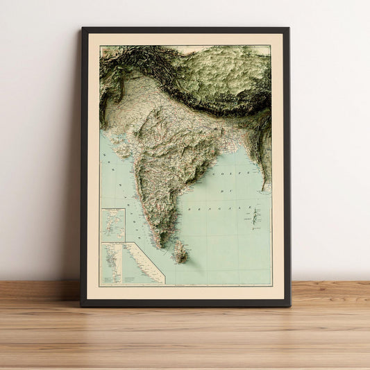 India vintage framed shaded relief map in black frame. Artistic print highlighting mountains with a realistic terrain effect