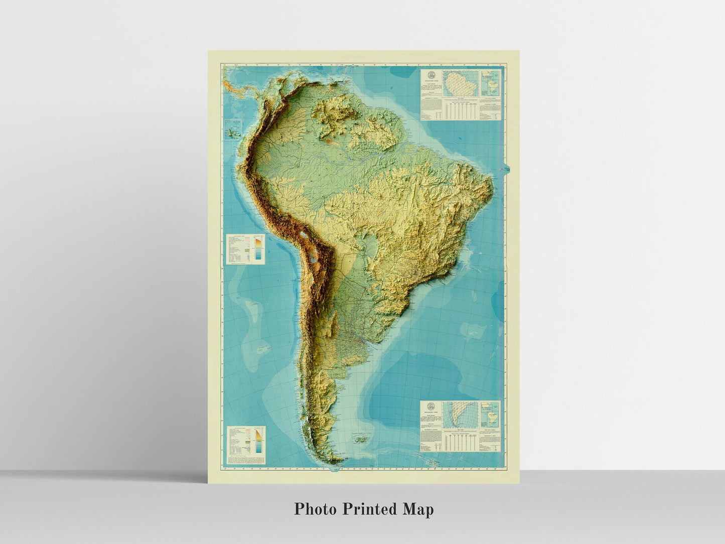 South America Shaded relief map print, highlighting topography. Ideal for home decor and geography lovers