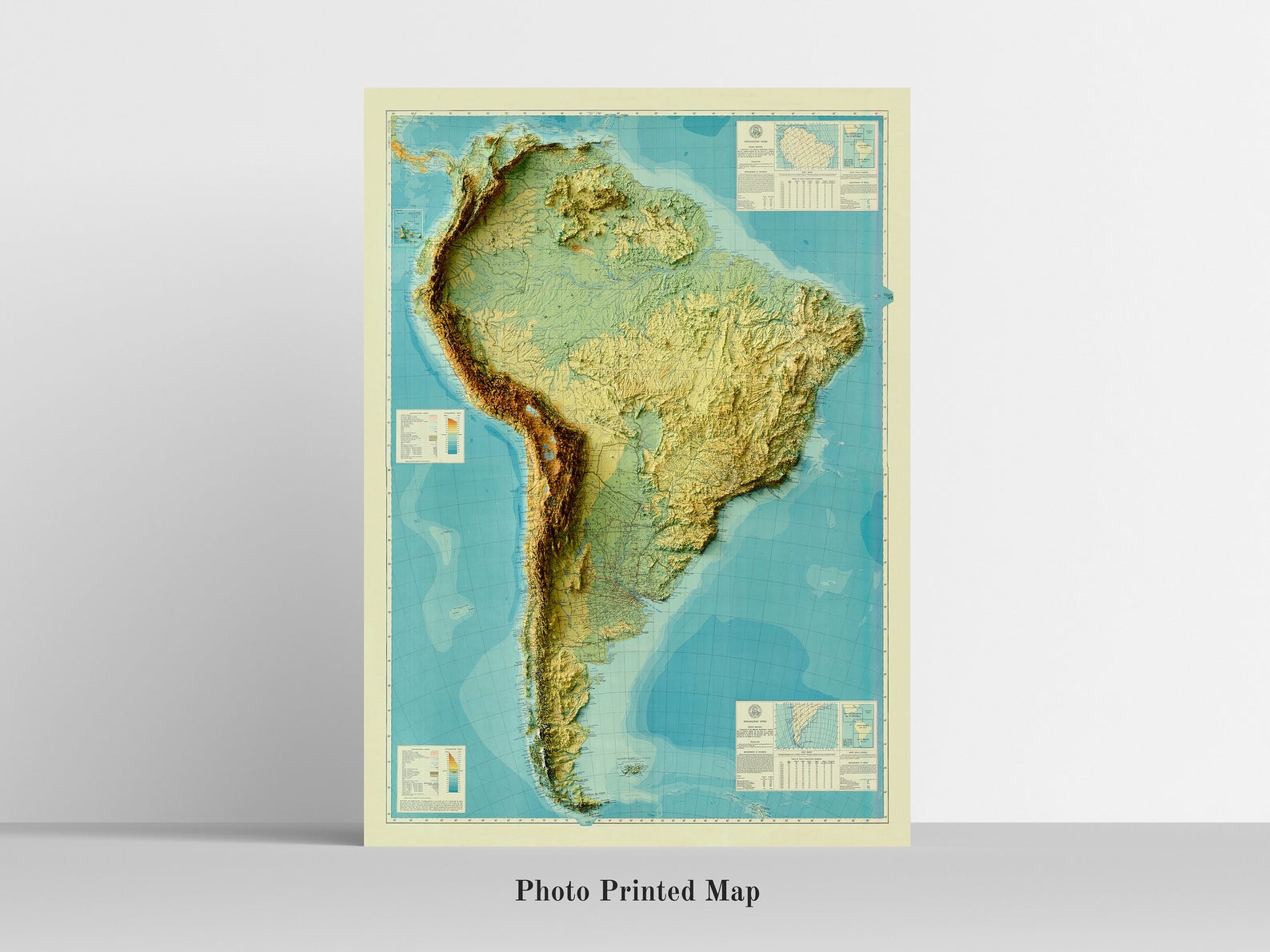 South America Shaded relief map print, highlighting topography. Ideal for home decor and geography lovers