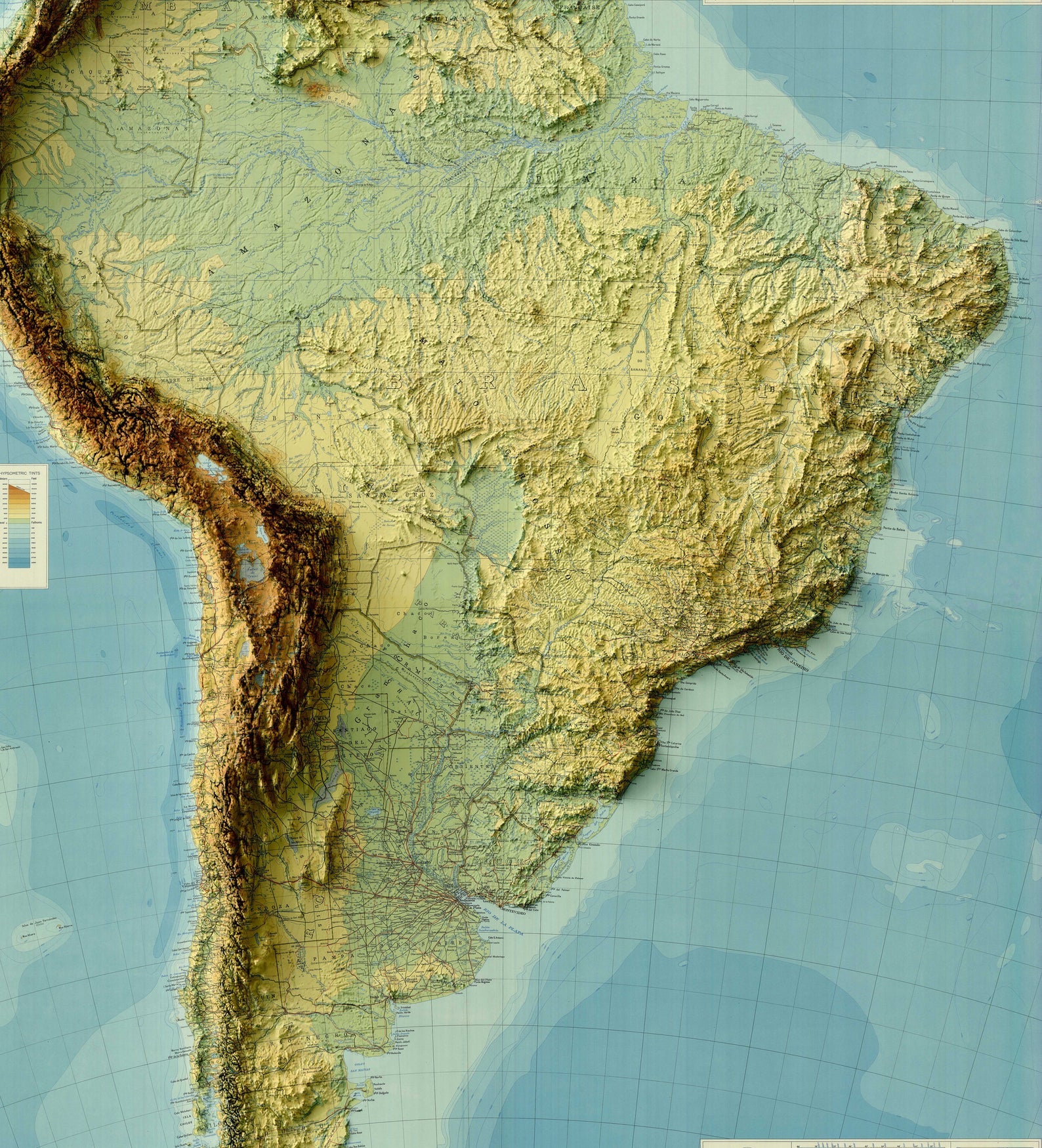 Detailed close-up of a vintage South America relief map, showcasing textured topography and geographic contours