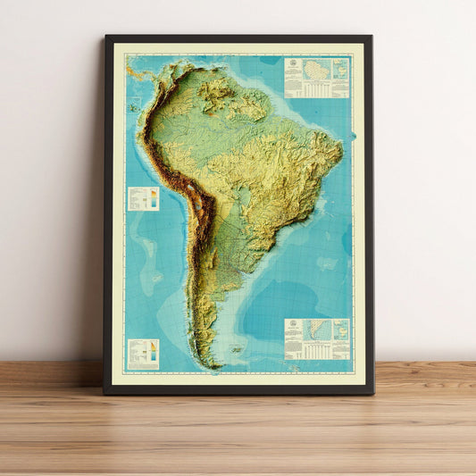 South America vintage framed shaded relief map in black frame. Artistic print highlighting mountains with a realistic terrain effect