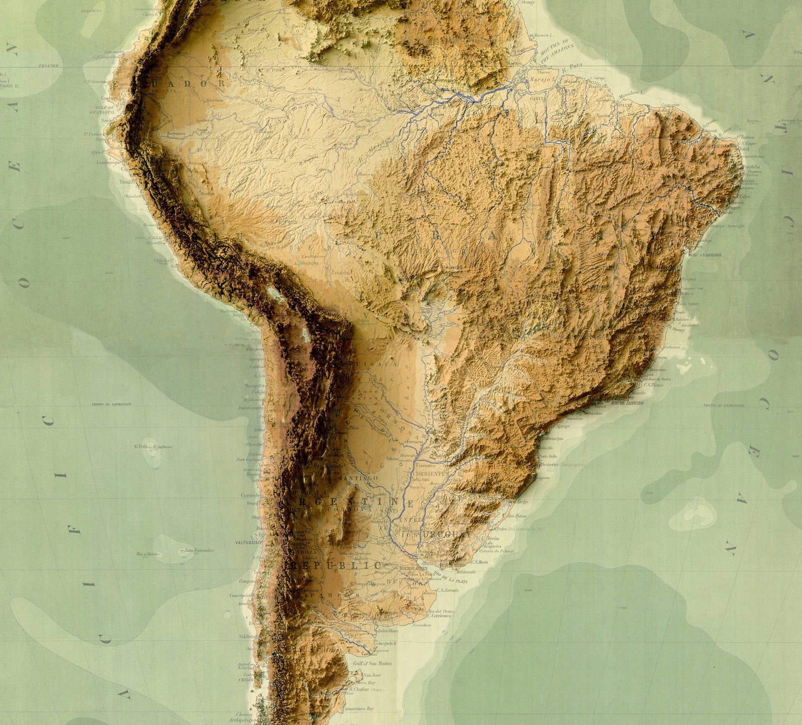 Detailed close-up of a vintage South America relief map, showcasing textured topography and geographic contours