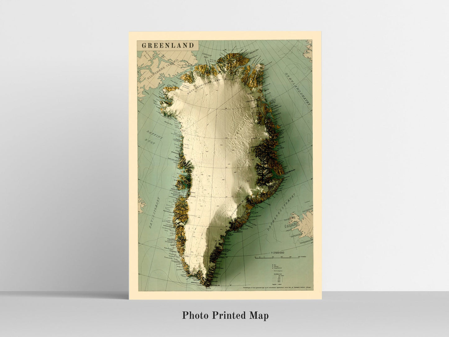 Greenland Shaded relief map print, highlighting topography. Ideal for home decor and geography lovers