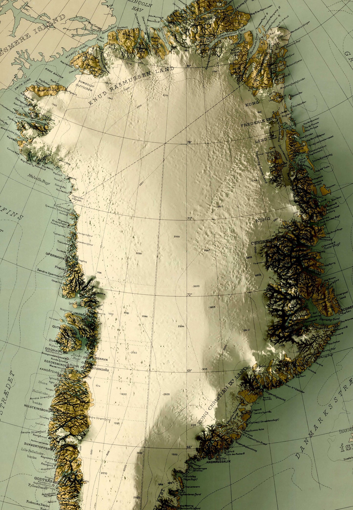Detailed close-up of a vintage Greenland relief map, showcasing textured topography and geographic contours
