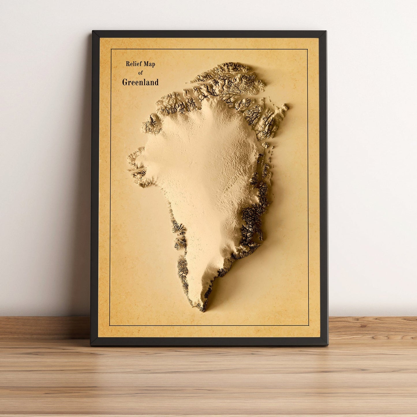 Greenland vintage framed shaded relief map in black frame. Artistic print highlighting mountains with a realistic terrain effect
