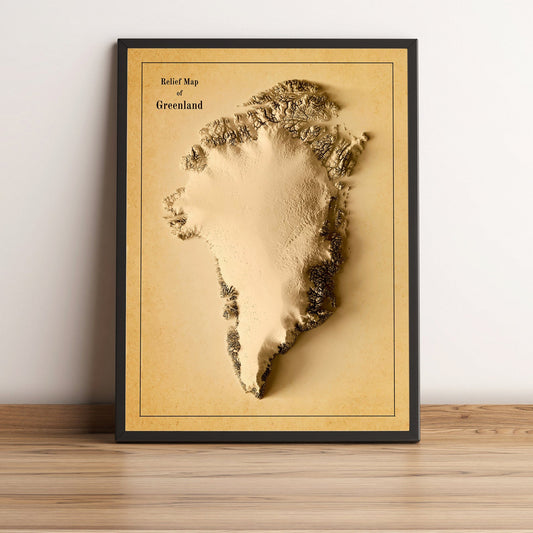 Greenland vintage framed shaded relief map in black frame. Artistic print highlighting mountains with a realistic terrain effect