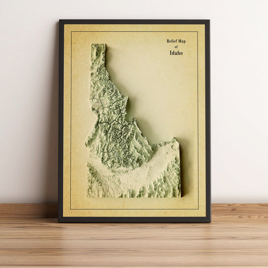 Idaho (USA) vintage framed shaded relief map in black frame. Artistic print highlighting mountains with a realistic terrain effect