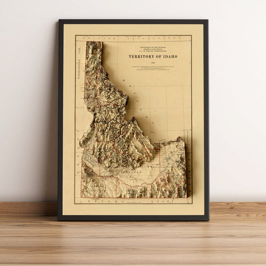 Idaho (USA) vintage framed shaded relief map in black frame. Artistic print highlighting mountains with a realistic terrain effect