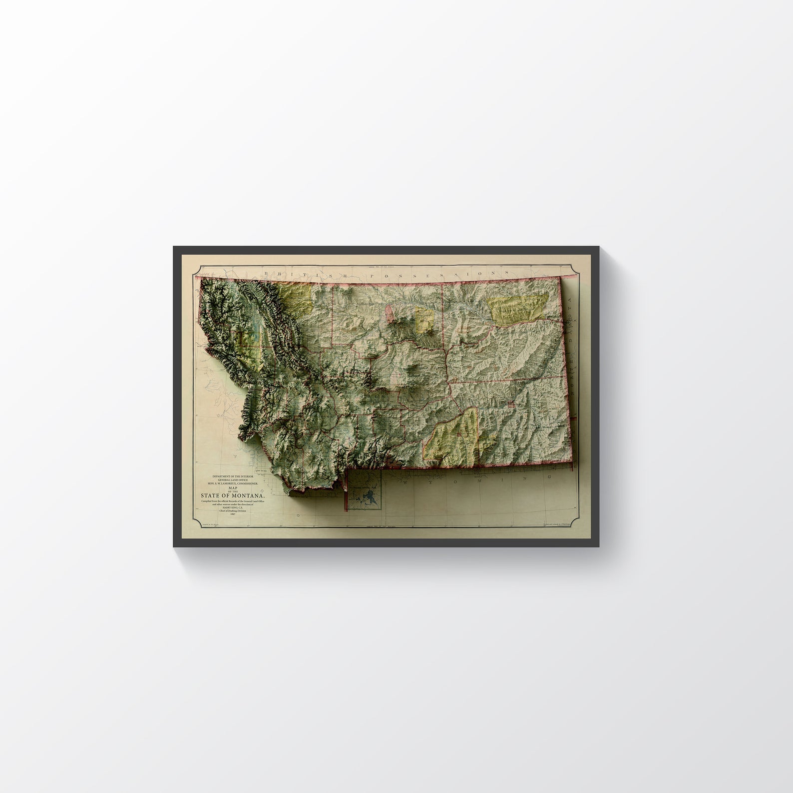 Montana (USA) vintage framed shaded relief map in black frame. Artistic print highlighting mountains with a realistic terrain effect