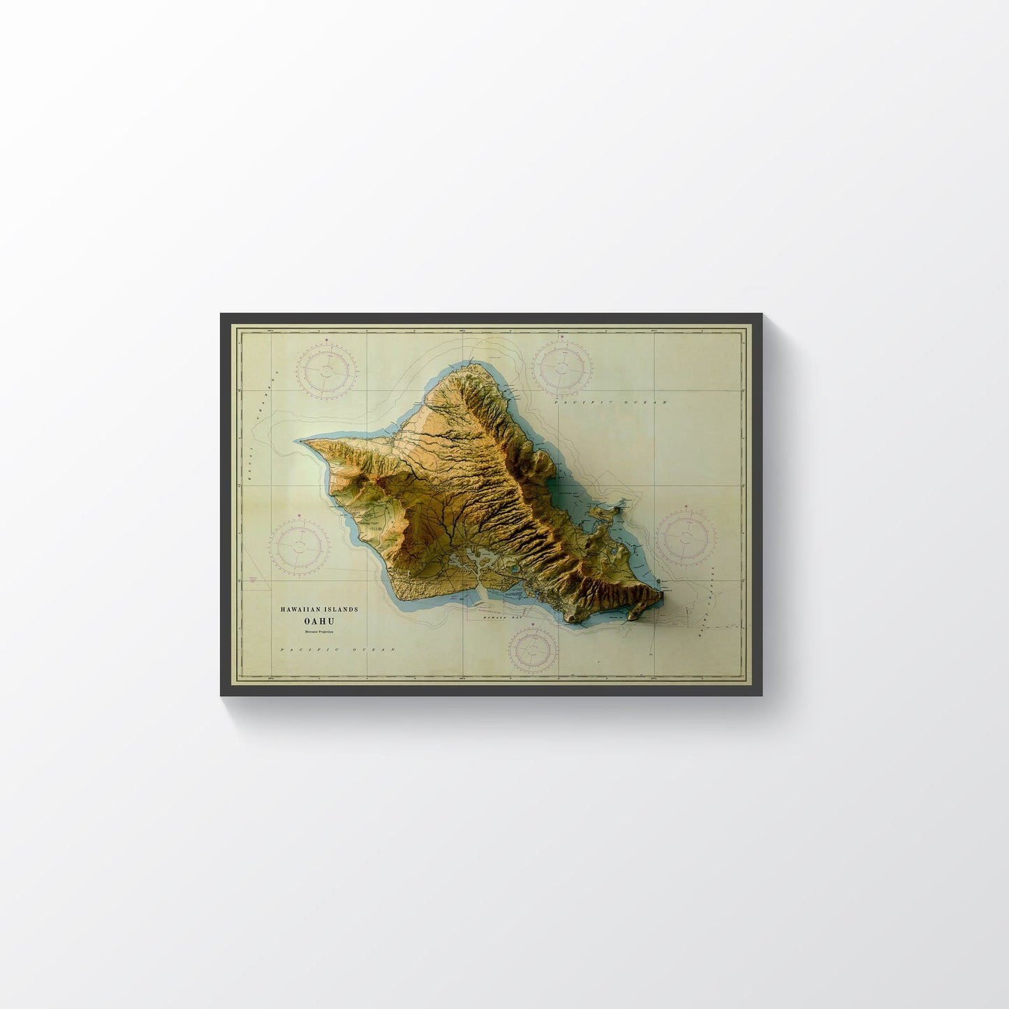 Oahu Island (Hawaii) vintage framed shaded relief map in black frame. Artistic print highlighting mountains with a realistic terrain effect