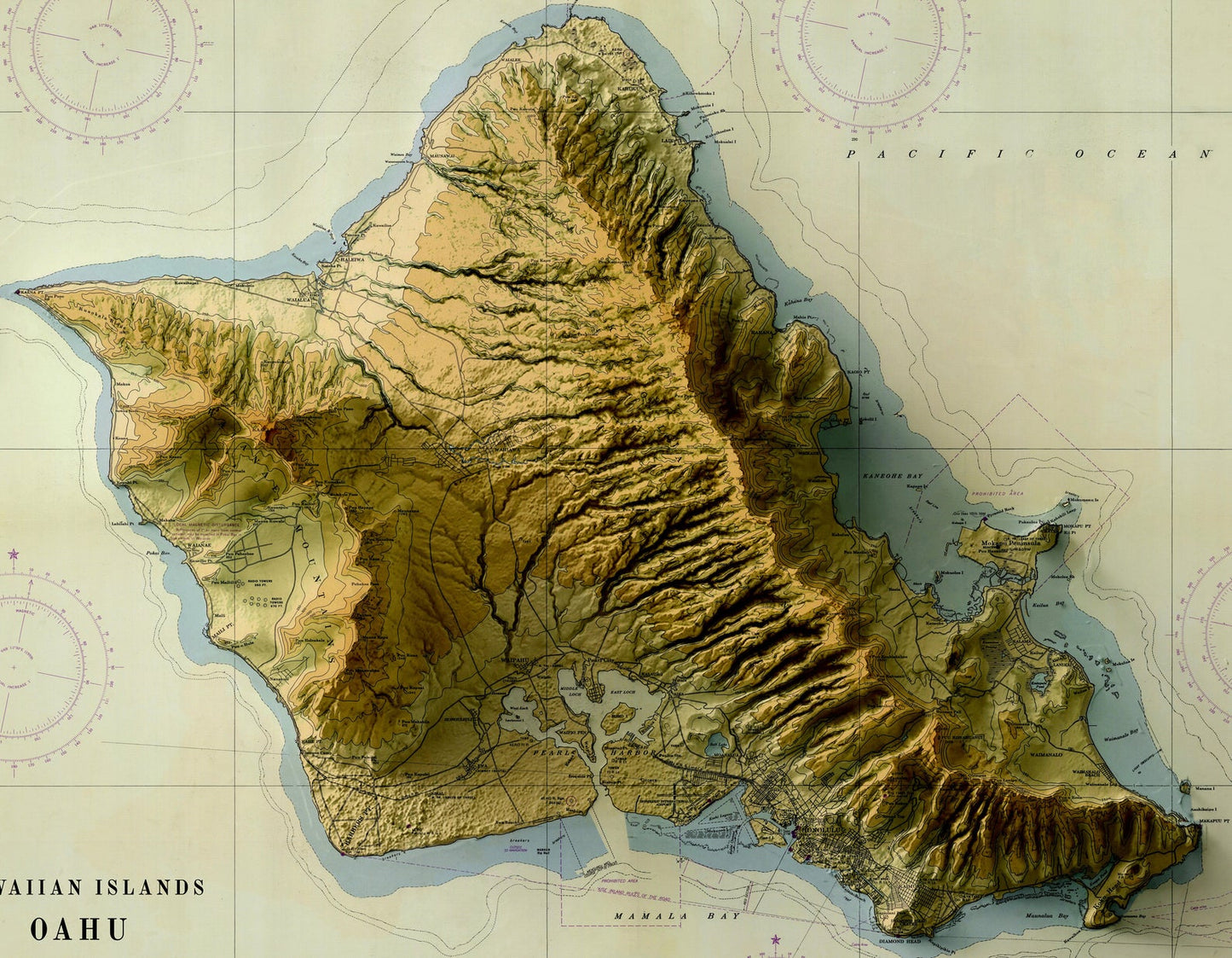 Detailed close-up of a vintage Oahu (Hawaii) relief map, showcasing textured topography and geographic contours