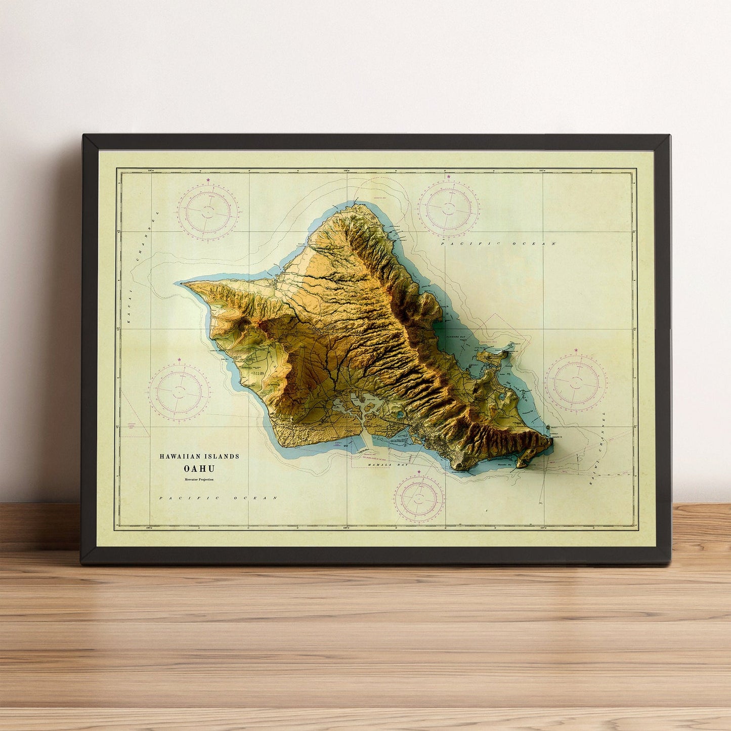 Oahu Island (Hawaii) vintage framed shaded relief map in black frame. Artistic print highlighting mountains with a realistic terrain effect