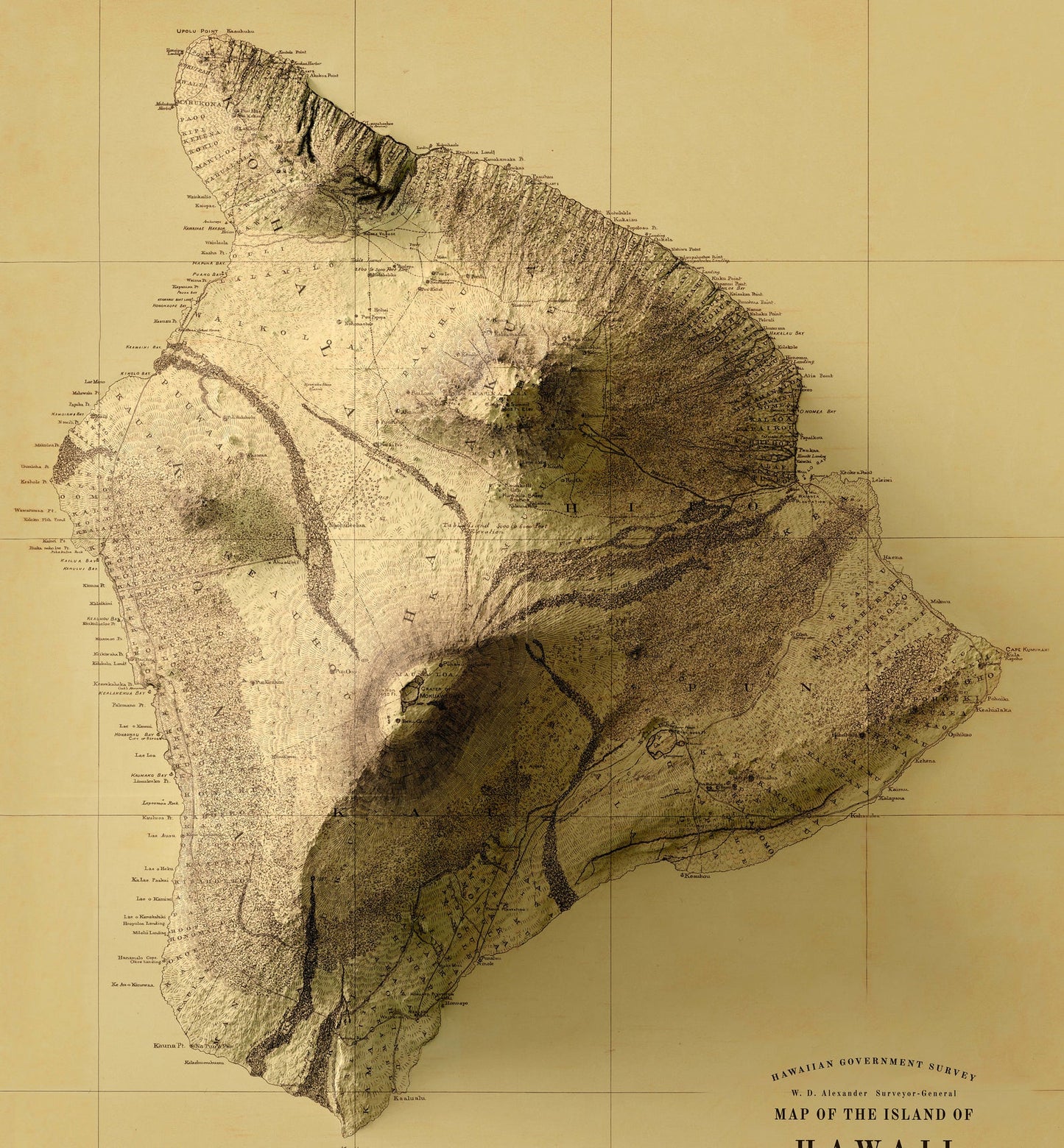 Detailed close-up of a vintage Hawaii Island (USA) relief map, showcasing textured topography and geographic contours