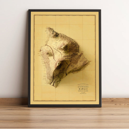 Hawaii Island (USA) vintage framed shaded relief map in black frame. Artistic print highlighting mountains with a realistic terrain effect