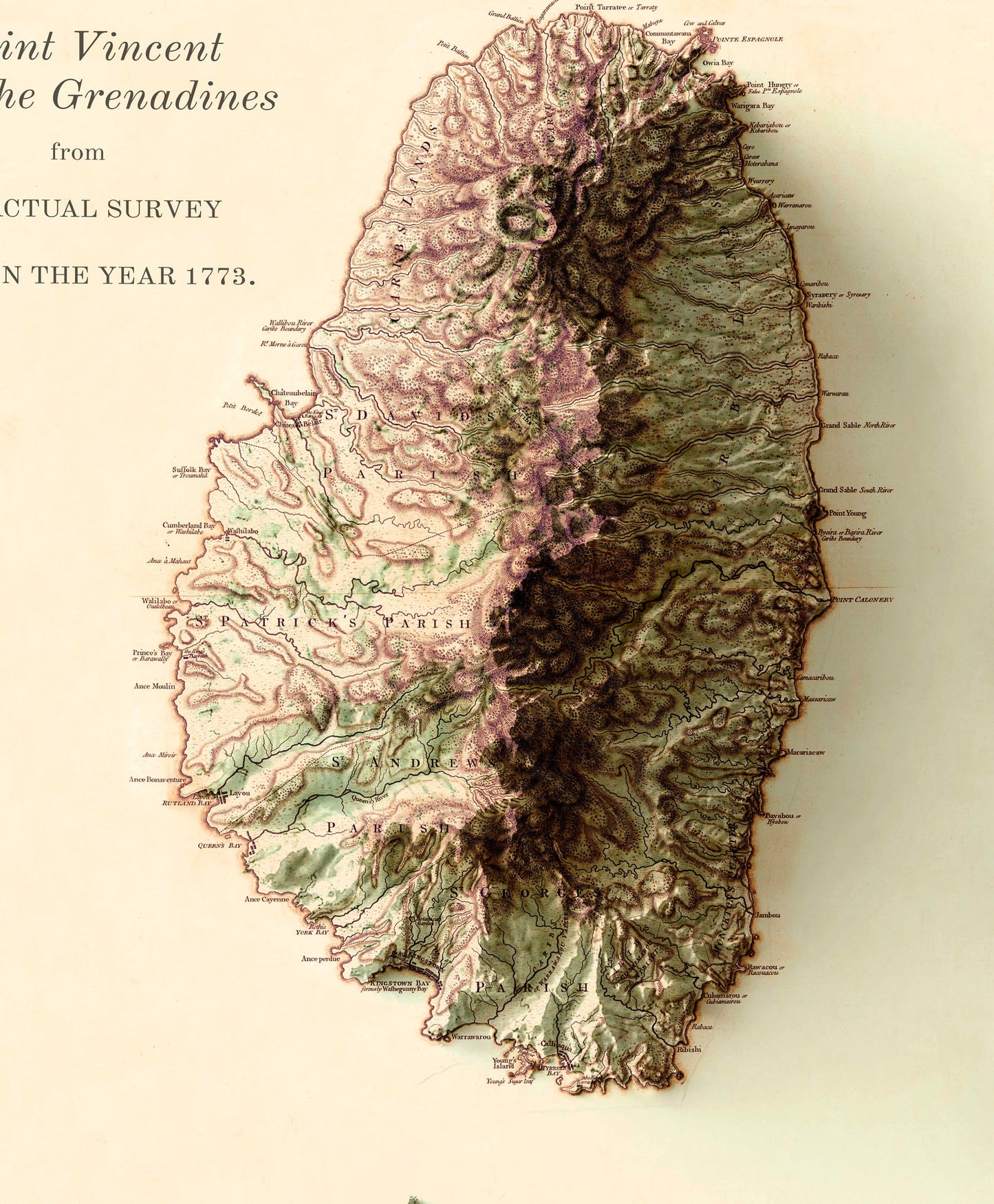 Detailed close-up of a vintage St Vincent and the Grenadines relief map, showcasing textured topography and geographic contours
