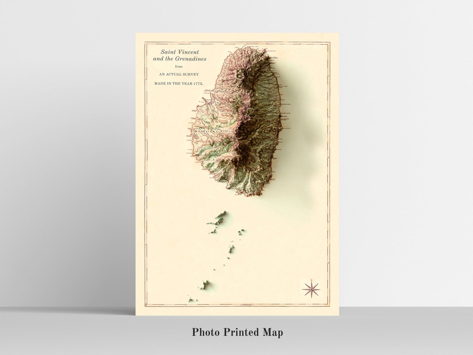 St. Vincent & the Grenadines Shaded relief map print, highlighting topography. Ideal for home decor and geography lovers
