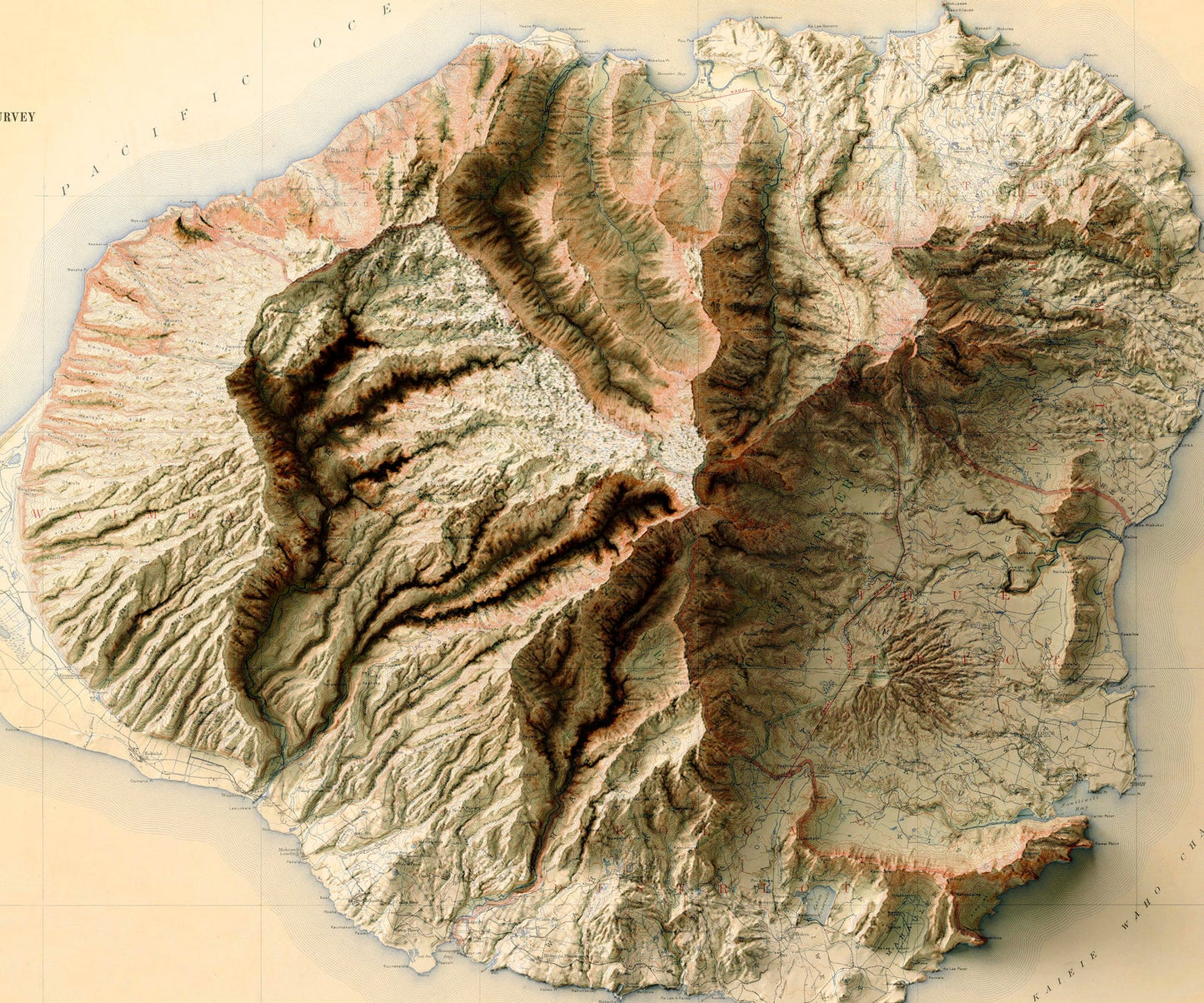 Detailed close-up of a vintage Kauai (Hawaii) relief map, showcasing textured topography and geographic contours