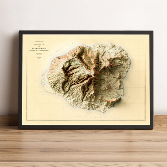 Kauai Island (USA) vintage framed shaded relief map in black frame. Artistic print highlighting mountains with a realistic terrain effect
